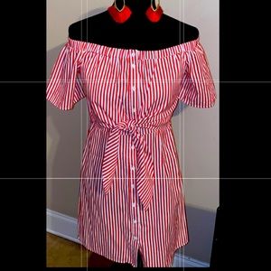 JUNIORS GO COCO RED STRIPED SEER SUCKER MINI DRESS MEDIUM